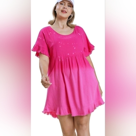 Umgee Hot Pink Ombre Frayed Flowy Linen Blend Mini Dress Size L Barbie Beach - Picture 1 of 15